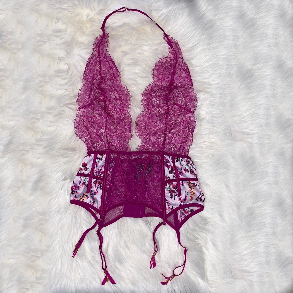 Victoria's Secret Plum Lace & Floral Garter Teddy